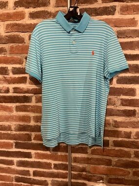 Polo by Ralph Lauren Men's Blue and White Stripped Polo Shirt Size L